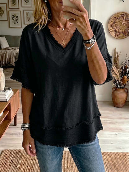 New Arrivals🔥 Casual Short-sleeve Raw-hem Linen-blend Top