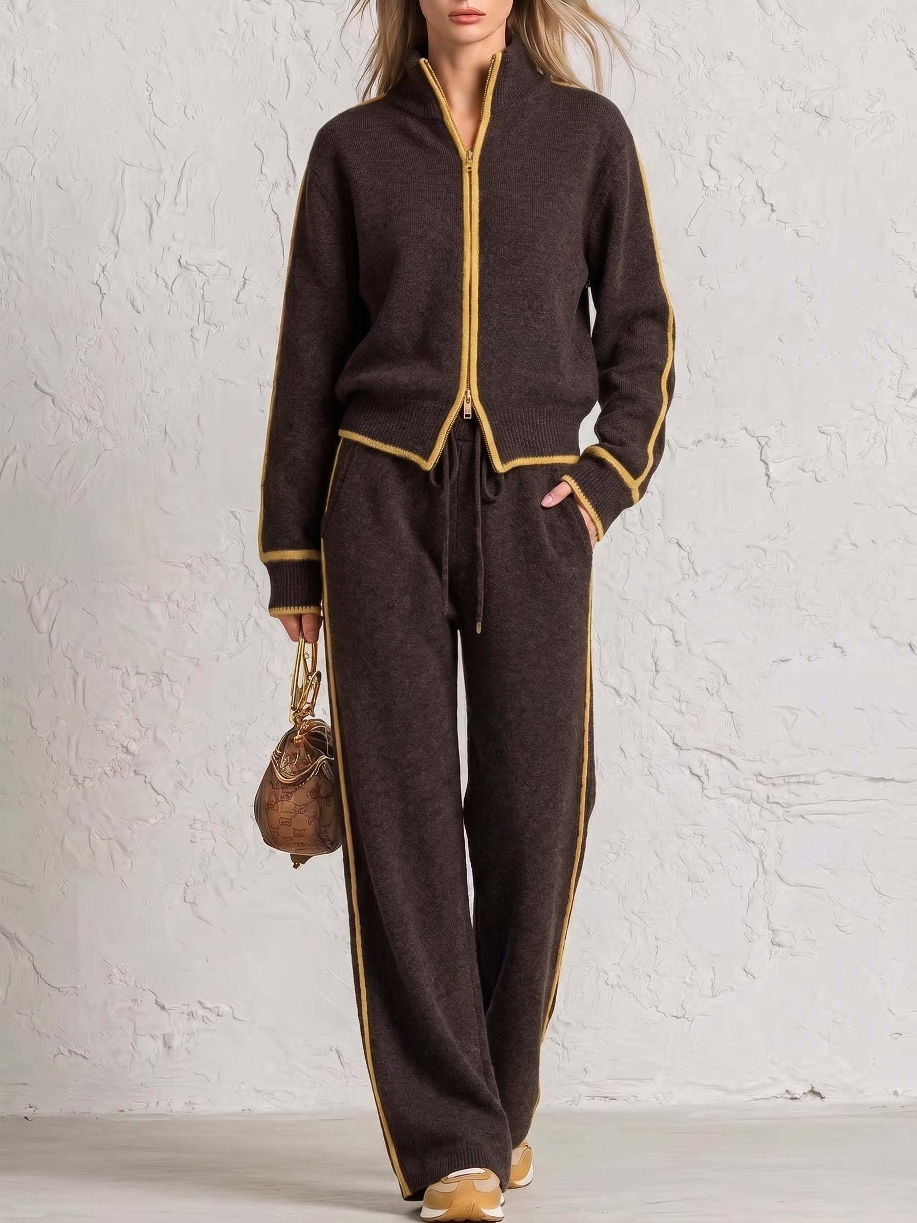⏰ LAST DAY SAVE 49%💥 Chic Color Block Trim Knit Loungewear Set