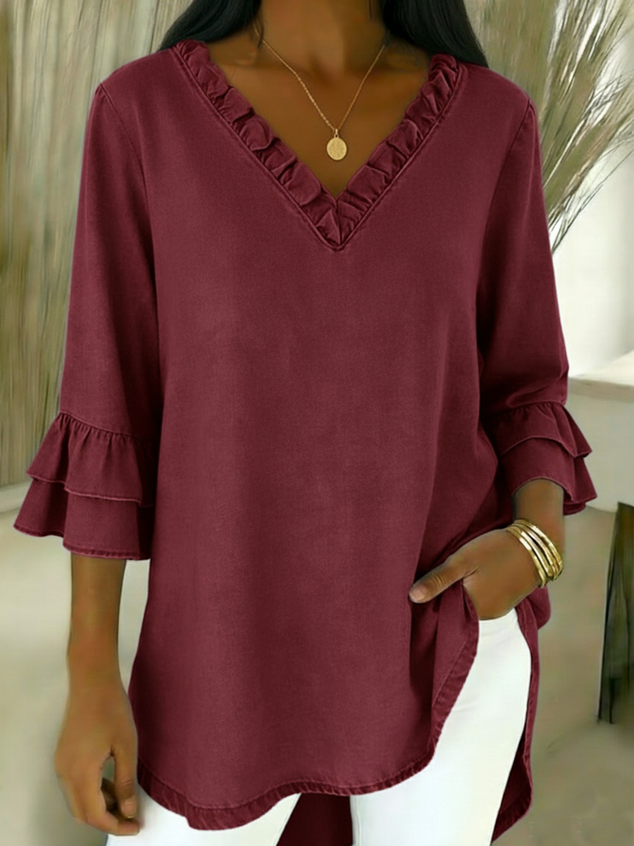 CLEARANCE SALE🔥 Cozy Ruffled V-neck Denim Cotton Top
