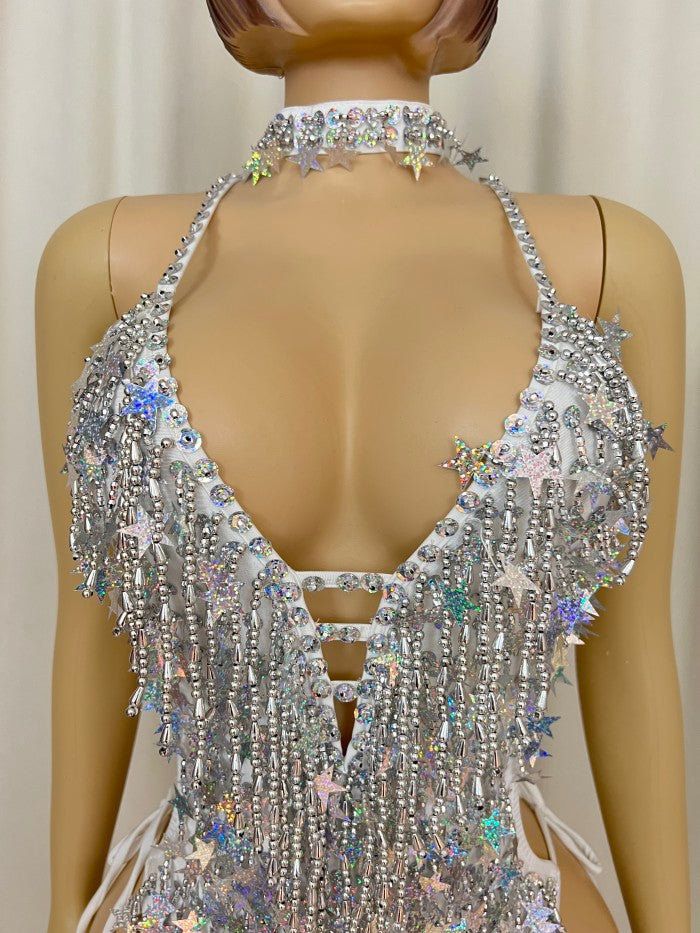 Halloween Handmade Stars Bodysuit With Necklace Silver Color For Samba Carnival Performance