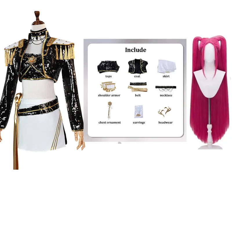 Adult Cosplay Costume Women Black Golden Cool Suit Halloween Party Role Playing Outfit Wig