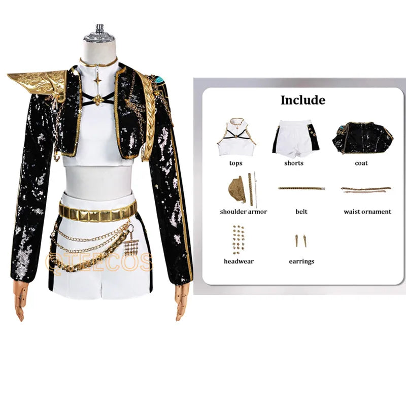 Adult Cosplay Costume Women Black Golden Cool Suit Halloween Party Role Playing Outfit Wig
