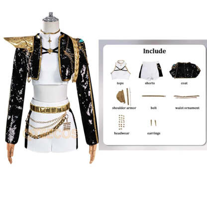 Adult Cosplay Costume Women Black Golden Cool Suit Halloween Party Role Playing Outfit Wig