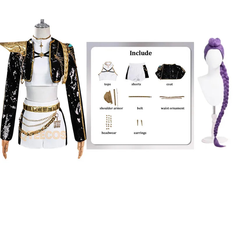 Adult Cosplay Costume Women Black Golden Cool Suit Halloween Party Role Playing Outfit Wig