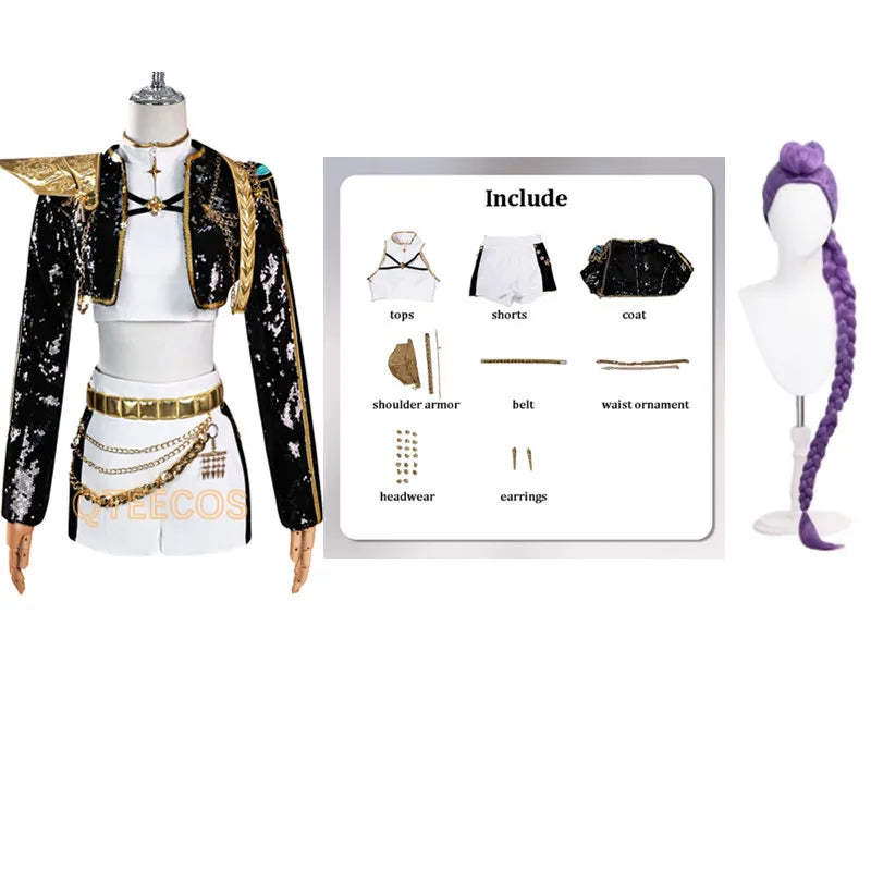 Adult Cosplay Costume Women Black Golden Cool Suit Halloween Party Role Playing Outfit Wig