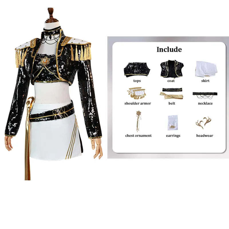 Adult Cosplay Costume Women Black Golden Cool Suit Halloween Party Role Playing Outfit Wig