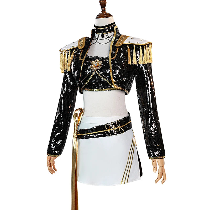 Adult Cosplay Costume Women Black Golden Cool Suit Halloween Party Role Playing Outfit Wig