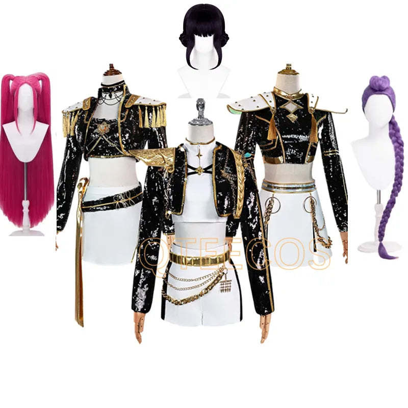 Adult Cosplay Costume Women Black Golden Cool Suit Halloween Party Role Playing Outfit Wig