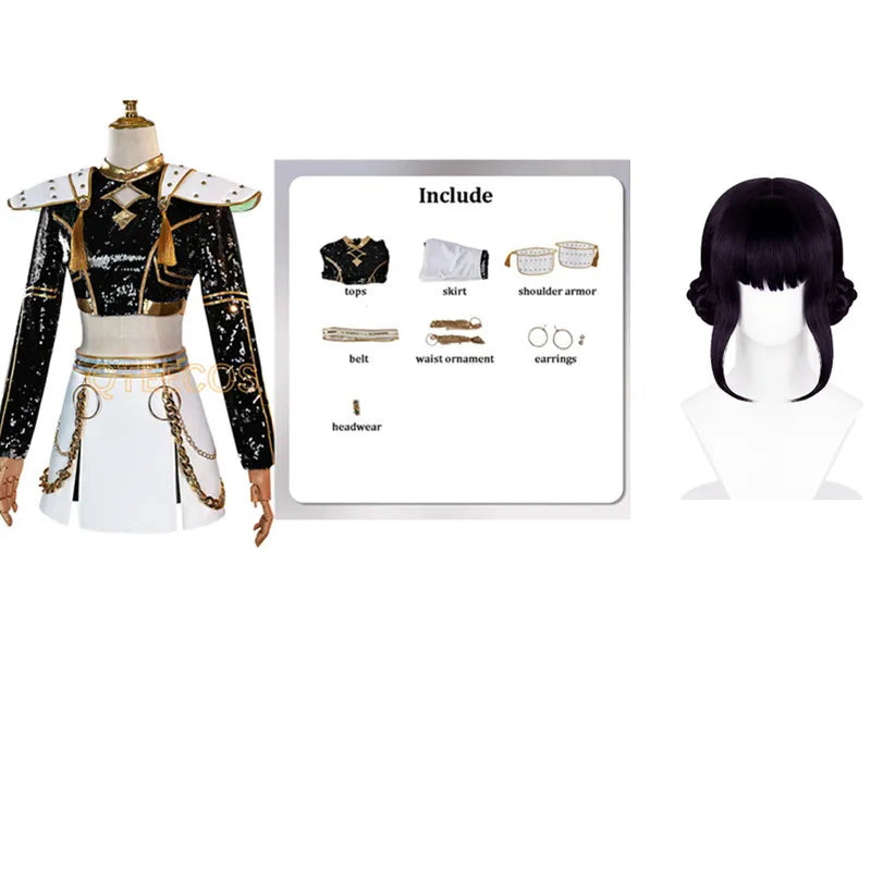 Adult Cosplay Costume Women Black Golden Cool Suit Halloween Party Role Playing Outfit Wig