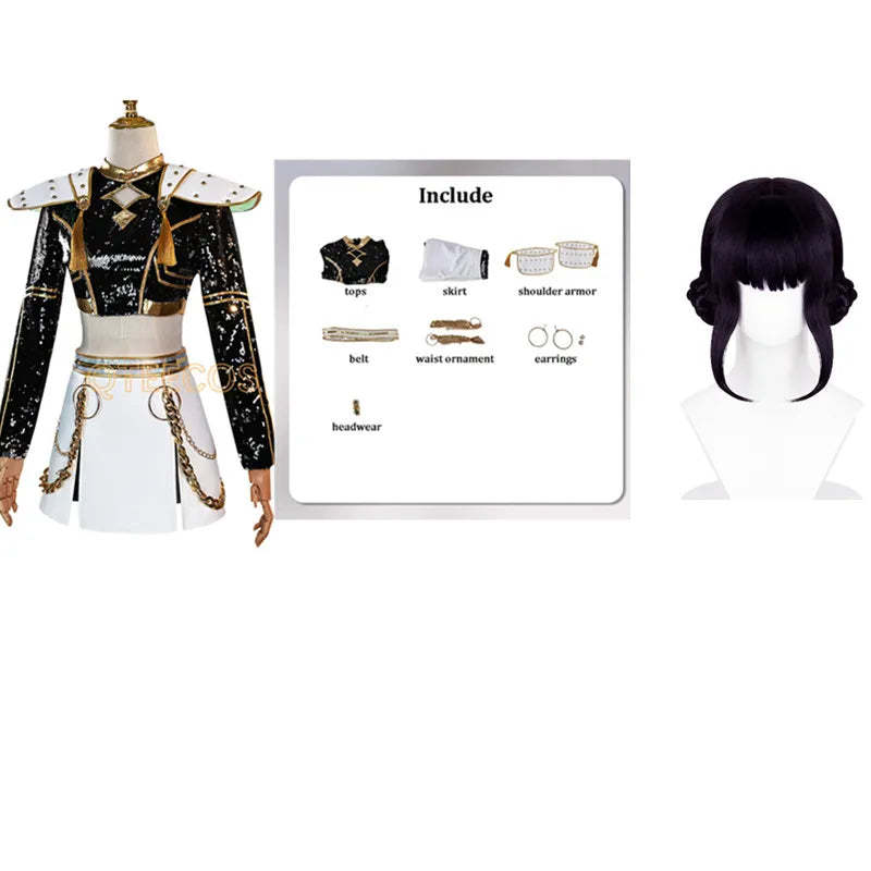 Adult Cosplay Costume Women Black Golden Cool Suit Halloween Party Role Playing Outfit Wig