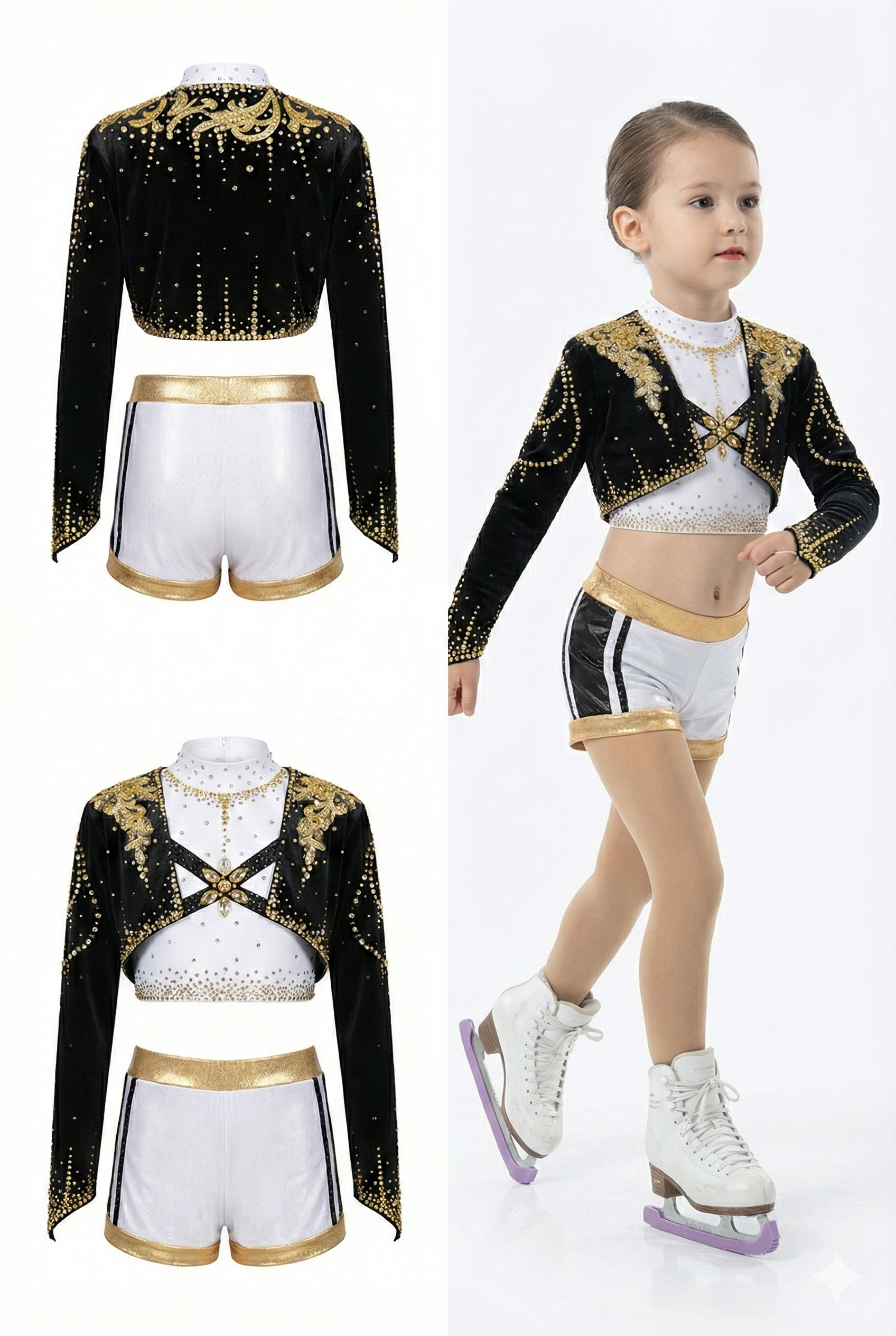 Rumi Girls' Two-Piece Figure Skating Performance Outfit - Black & Gold Sequin Bolero Jacket and Shorts Set