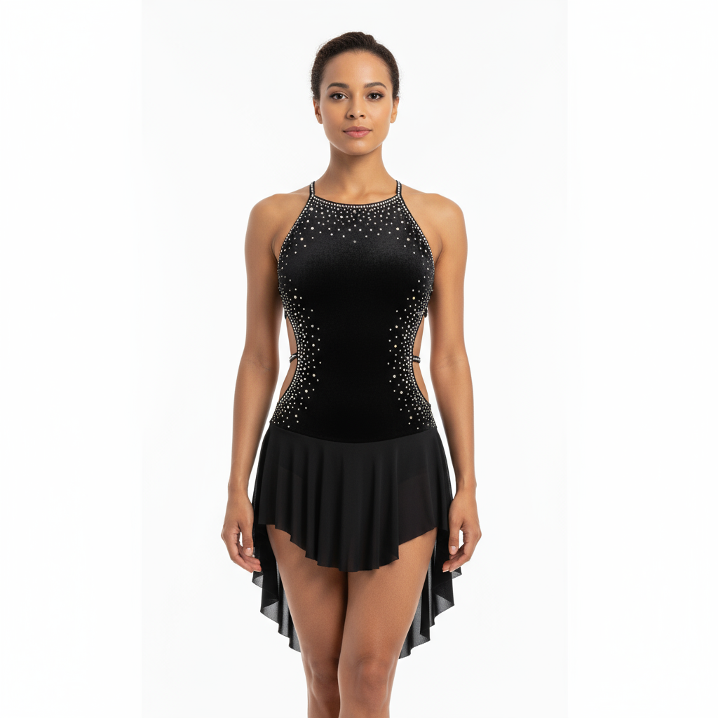 Black velvet rhinestone leotard with asymmetric mesh skirt