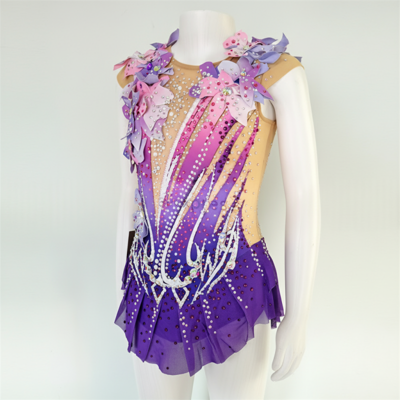 Purple ombre gymnastics leotard with floral appliqué