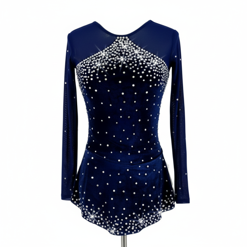 Navy velvet long-sleeve skating dress with crystals