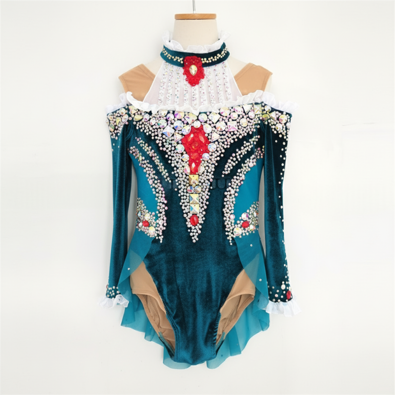 Teal velvet leotard with crystal details