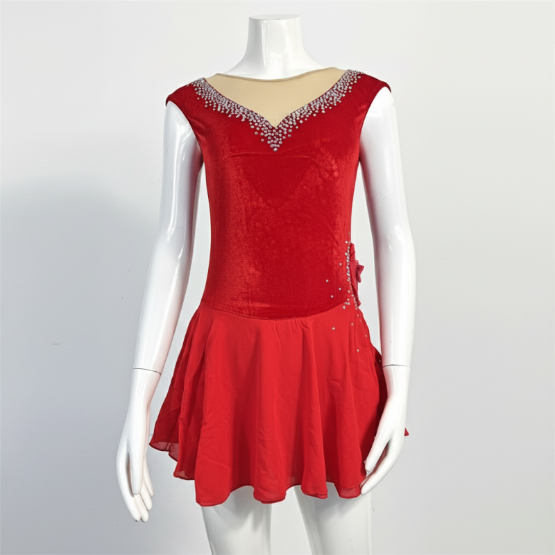 Red velvet and mesh sleeveless skating dress
