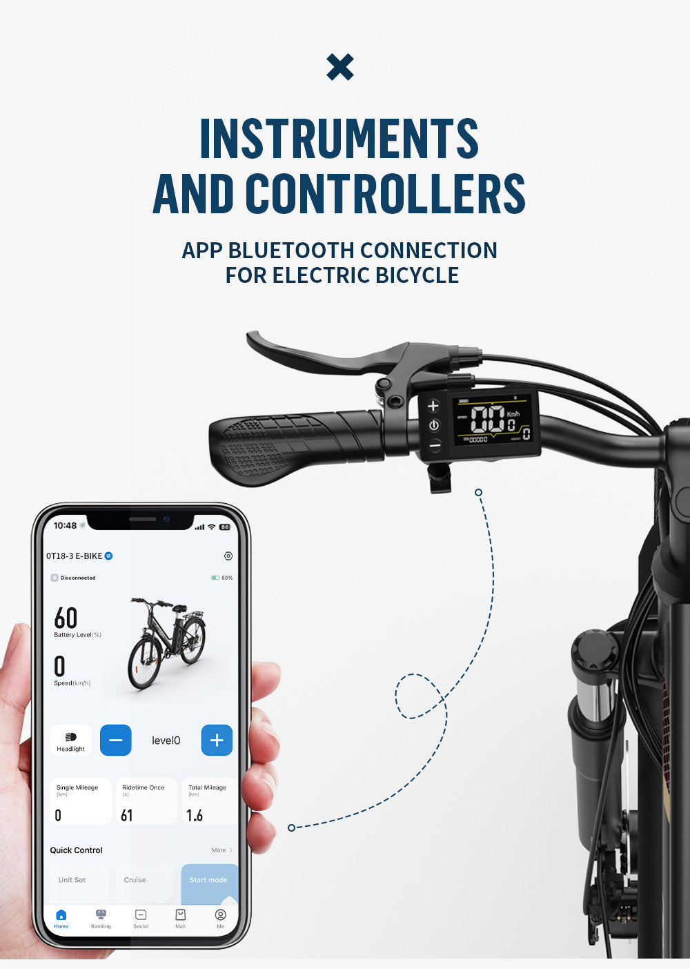 OneSport OT18-3 step-through ebike display instruments also app bluetooth connect to control