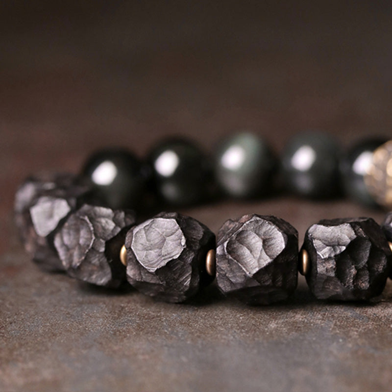 Black Obsidian Ebony Wood Copper Strength Couple Bracelet