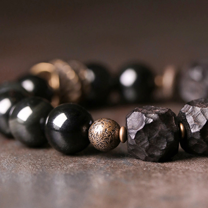 Black Obsidian Ebony Wood Copper Strength Couple Bracelet