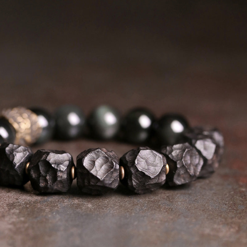 Black Obsidian Ebony Wood Copper Strength Couple Bracelet