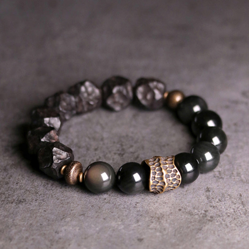 Black Obsidian Ebony Wood Copper Strength Couple Bracelet