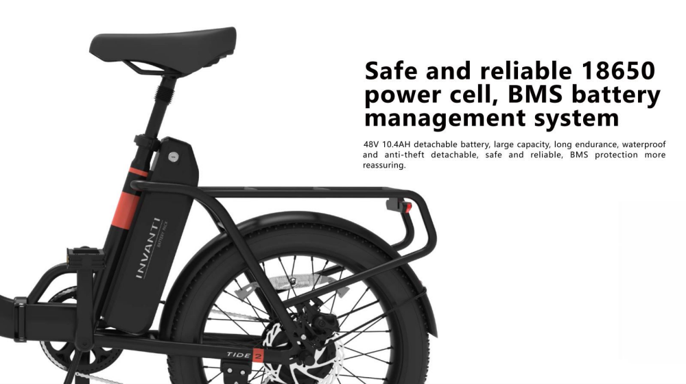 Safe and reliable 18650 power cell, BMS battery management system of INVANTI TIDE2 unisex step-through folding cargo ebike in Khaki and black