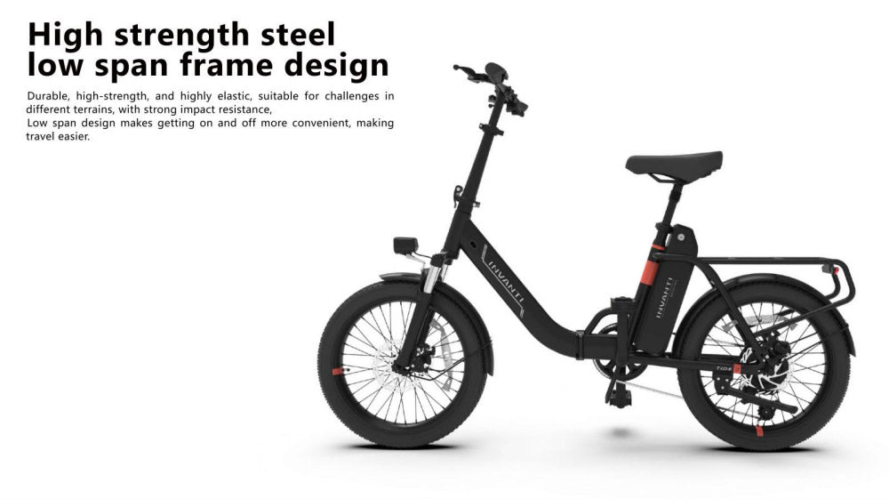 High strength steel low span frame design for INVANTI TIDE2 unisex step-through folding cargo ebike in Khaki and black
