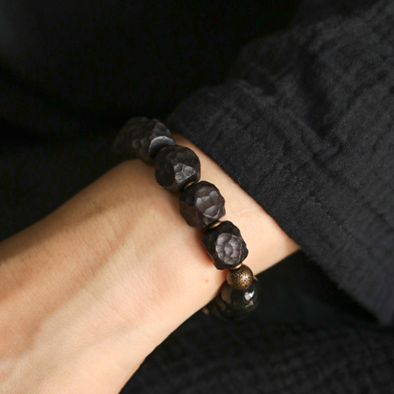 Black Obsidian Ebony Wood Copper Strength Couple Bracelet