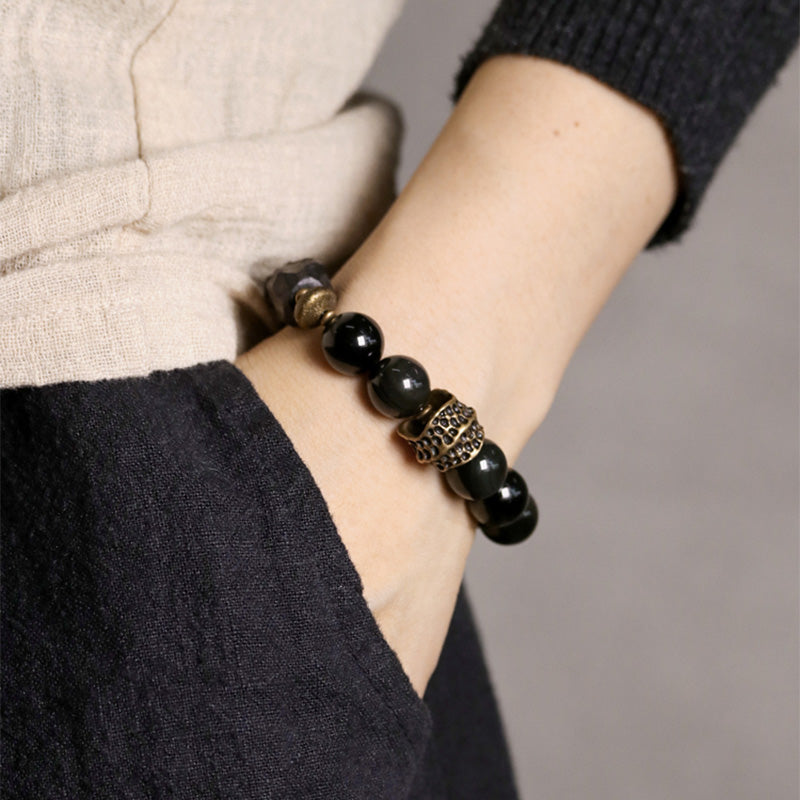 Black Obsidian Ebony Wood Copper Strength Couple Bracelet