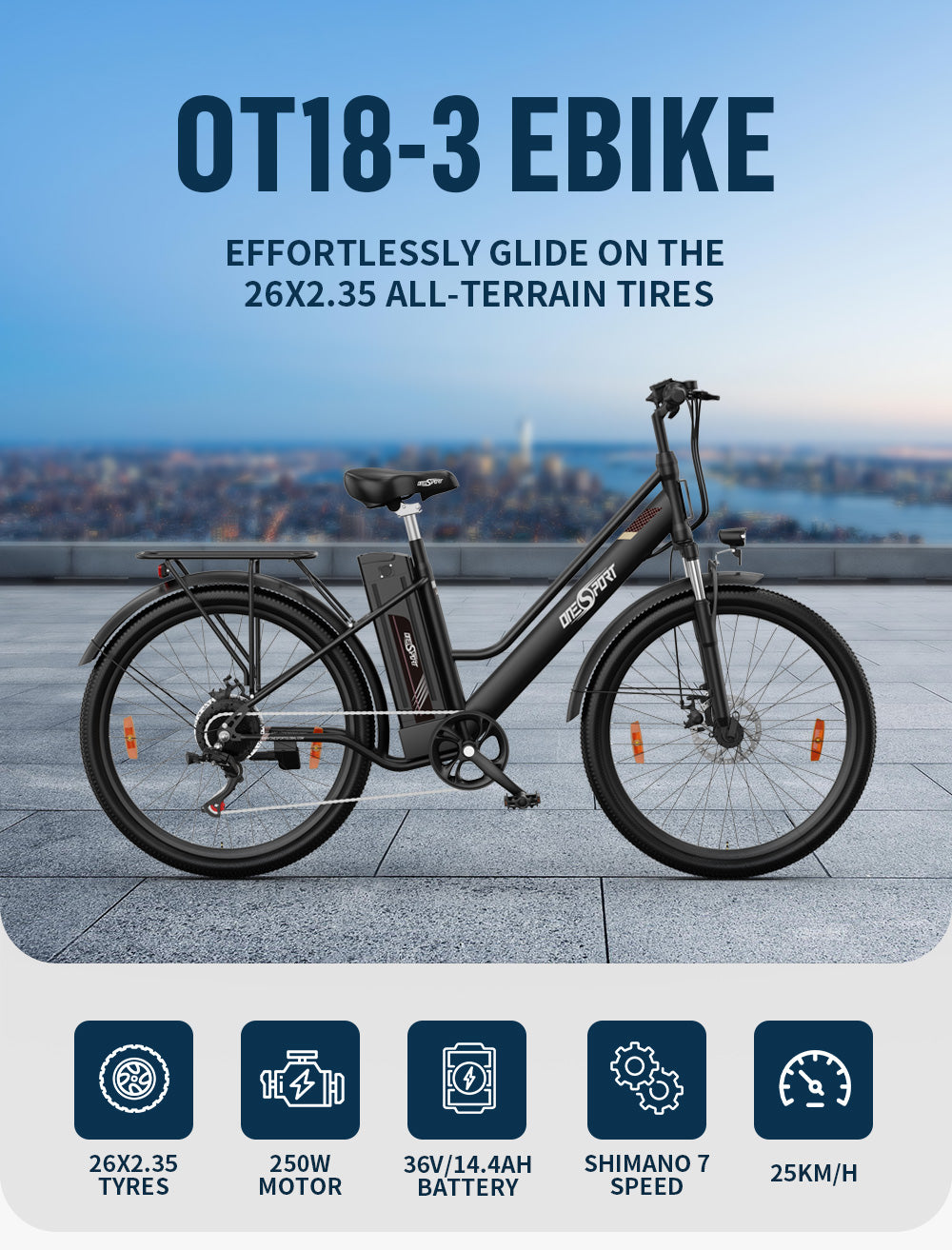 OneSport OT18-3 step-through ebike 26x3.5 inch all-terrain tires 250W motor 36V 14.4Ah battery shimano 7 speed 25km/h top speed