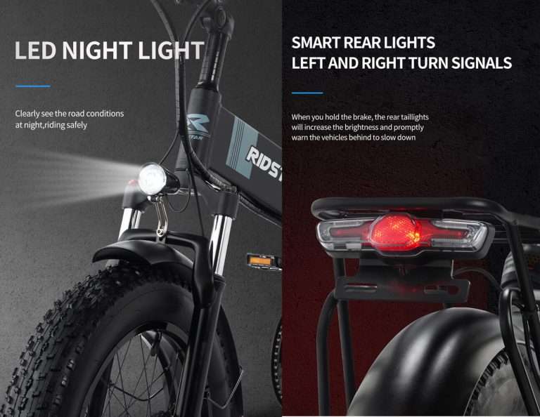 The Ridstar H20 e-bike's LED headlight provides illumination for nighttime riding, while the horn alerts others to your presence.