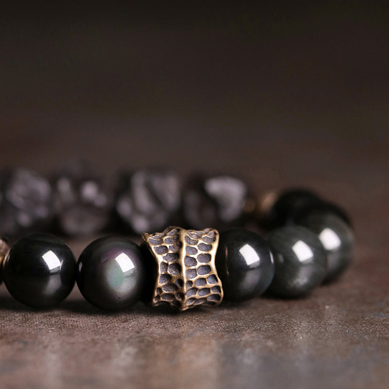 Black Obsidian Ebony Wood Copper Strength Couple Bracelet