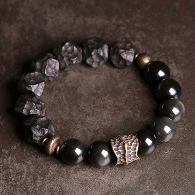 Black Obsidian Ebony Wood Copper Strength Couple Bracelet