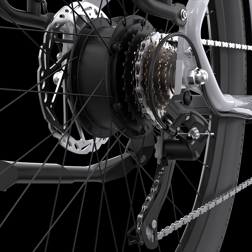 OneSport OT05 step-through city ebike combines the precision of hydraulic disc brakes with the versatility of a Shimano 7-speed gear set.