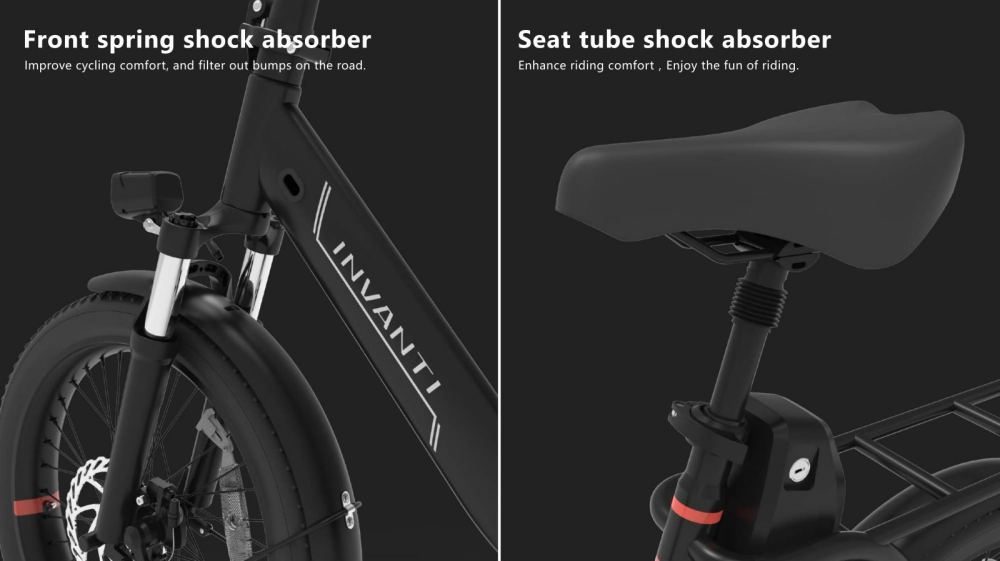 Front spring shock absorber and Seat tube shock absorber of INVANTI TIDE2 unisex step-through foldable cargo ebike
