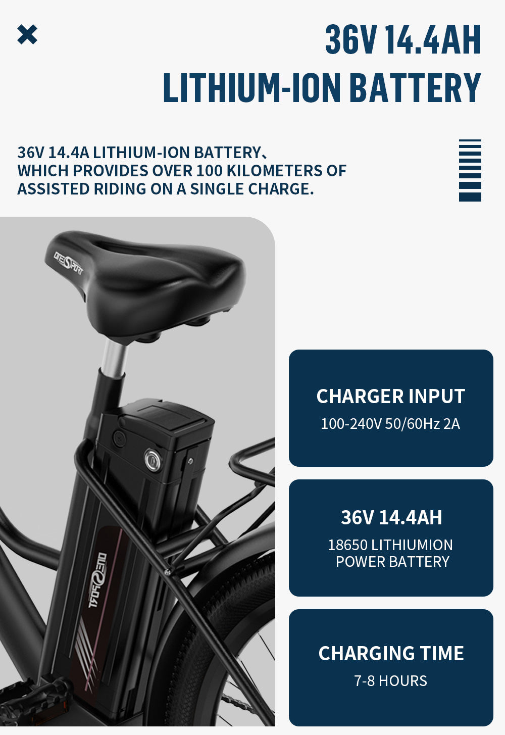 OneSport OT18-3 step-through ebike 36V 14.4Ah lithiumion power battery charging time 7-8 hours