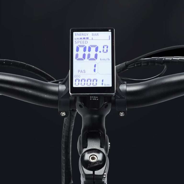 The LCD screen on the Ridstar H20 electric bike shows speed, battery level, and distance traveled, helping riders monitor their ride.