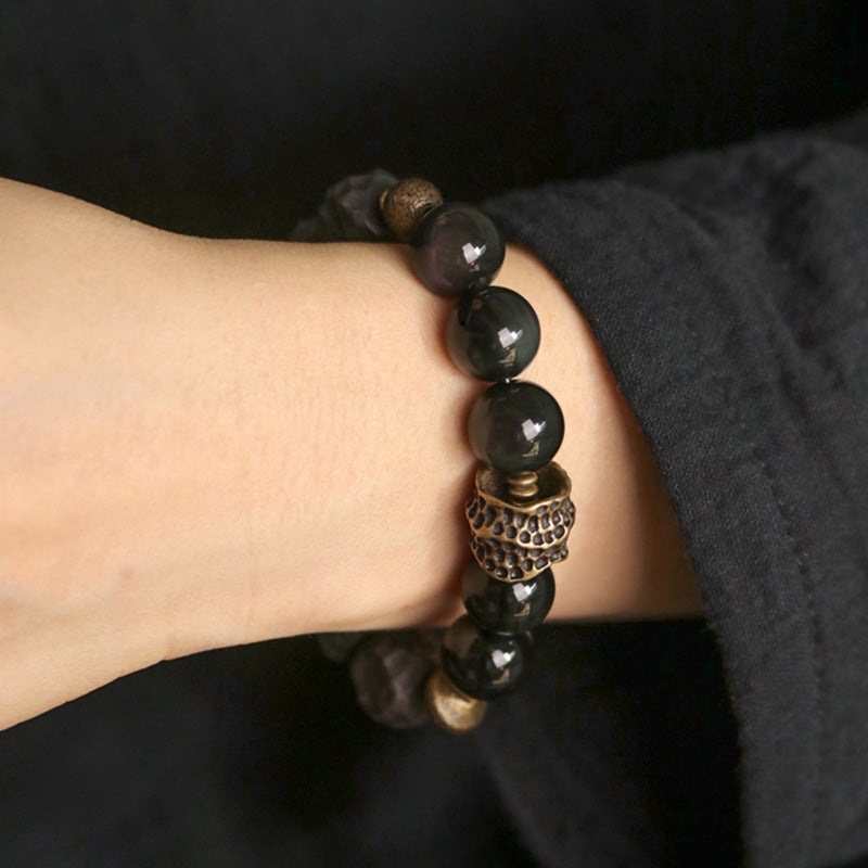 Black Obsidian Ebony Wood Copper Strength Couple Bracelet