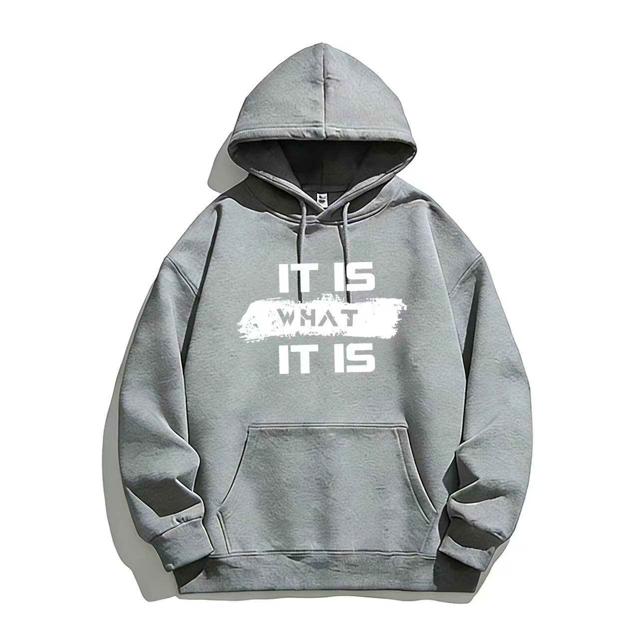 "Men's Black Hoodie with 'IT IS WHAT IT IS' Bold Text Design"