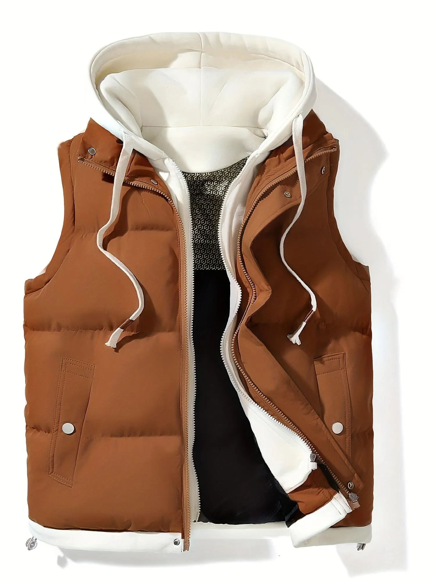 Men’s tops, couples’ hooded thermal vest — fashionable two-piece design, unisex outerwear, men’s and women’s matching vests, thickened polyester fiber material, slim fit, foldable, outdoor casual warmth, machine washable, formal vest, beige, ivory white,s Men’s tops, couples’ hooded thermal vest — fashionable two-piece design, unisex outerwear, men’s and women’s matching vests, thickened polyester fiber material, slim fit, foldable, outdoor casual warmth, machine washable, formal vest, beige, ivory white,s