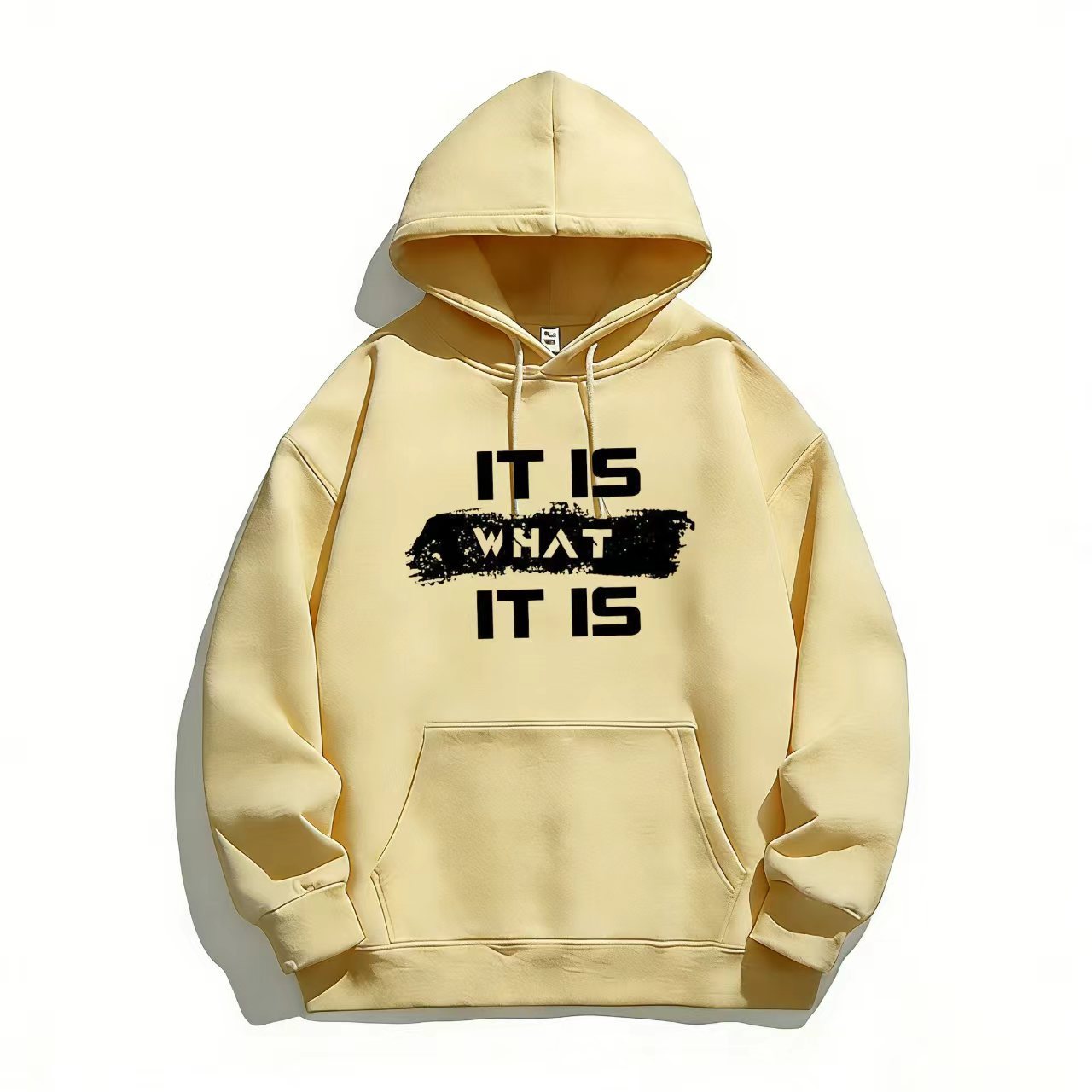 "Men's Black Hoodie with 'IT IS WHAT IT IS' Bold Text Design"