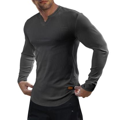 "Men's Slim Fit V-Neck Longline Ribbed Gym Shirt - Long Sleeve Athletic Top"