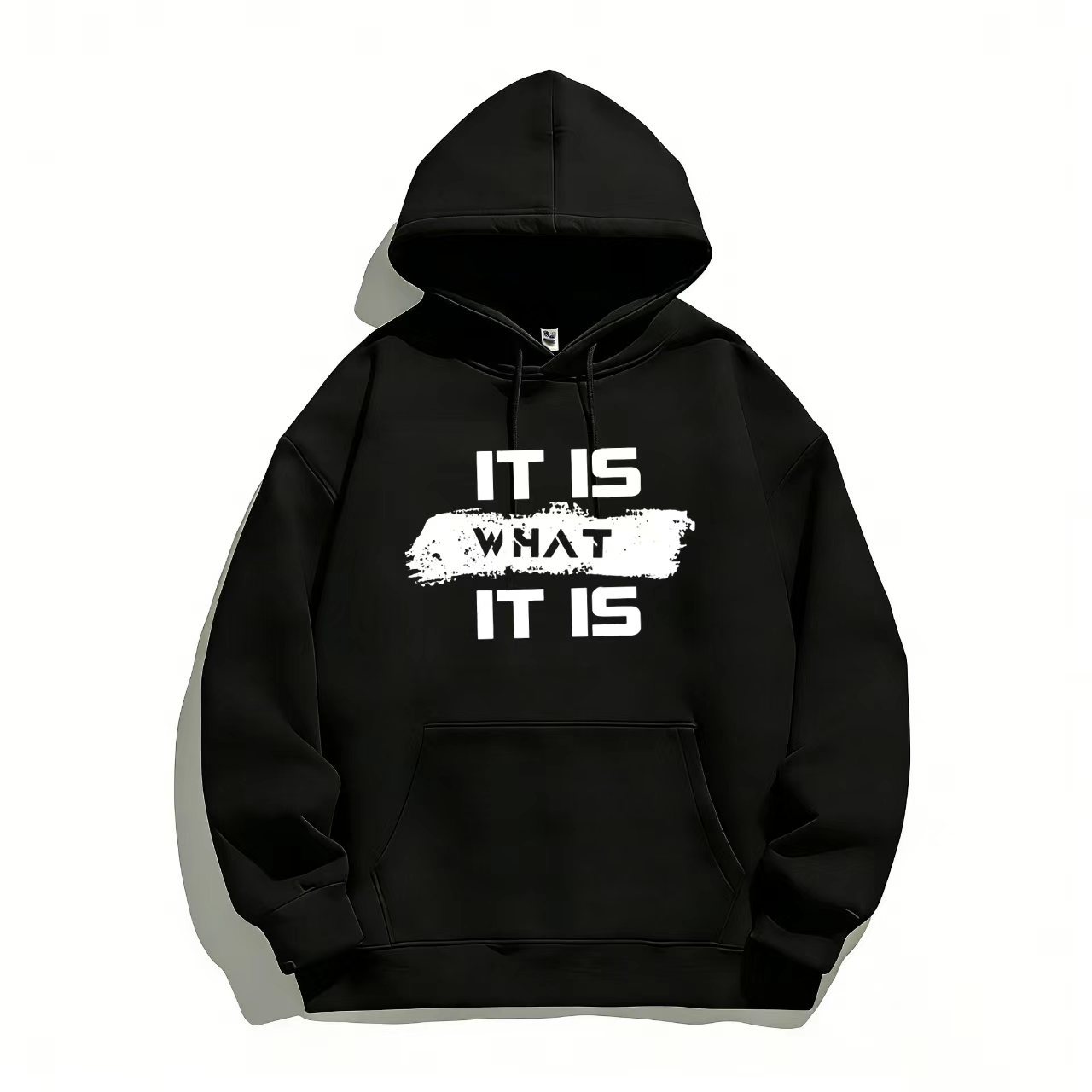 "Men's Black Hoodie with 'IT IS WHAT IT IS' Bold Text Design"