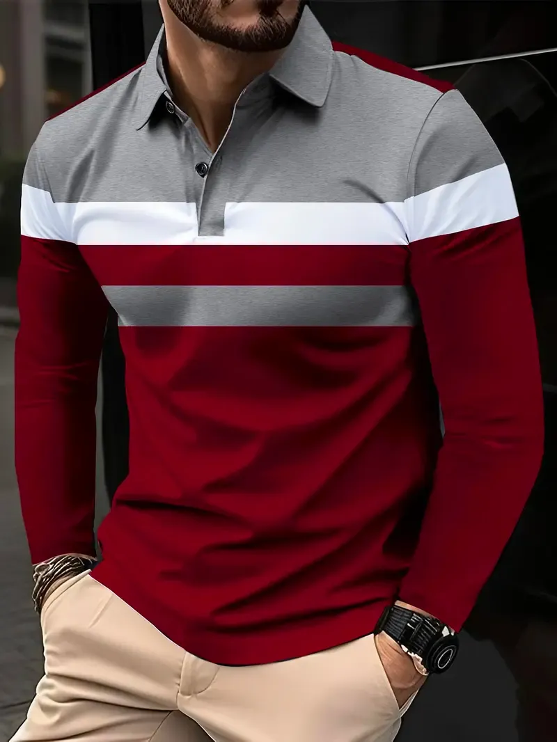 Men's Patchwork Print Long Sleeve Polo Shirt, Polo Style Regular Fit Casual Button Front Collared Top for Fall & Winter, Men's Clothes for Daily Wear, Fabric, Menswear, Casual Polo Shirts, Buttoned Polo Shirt Men's Patchwork Print Long Sleeve Polo Shirt, Polo Style Regular Fit Casual Button Front Collared Top for Fall & Winter, Men's Clothes for Daily Wear, Fabric, Menswear, Casual Polo Shirts, Buttoned Polo Shirt
