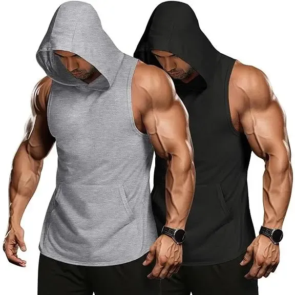 2-Pack Men's Workout Hooded Tank Tops – Sleeveless Muscle Cut Off Gym Hoodies