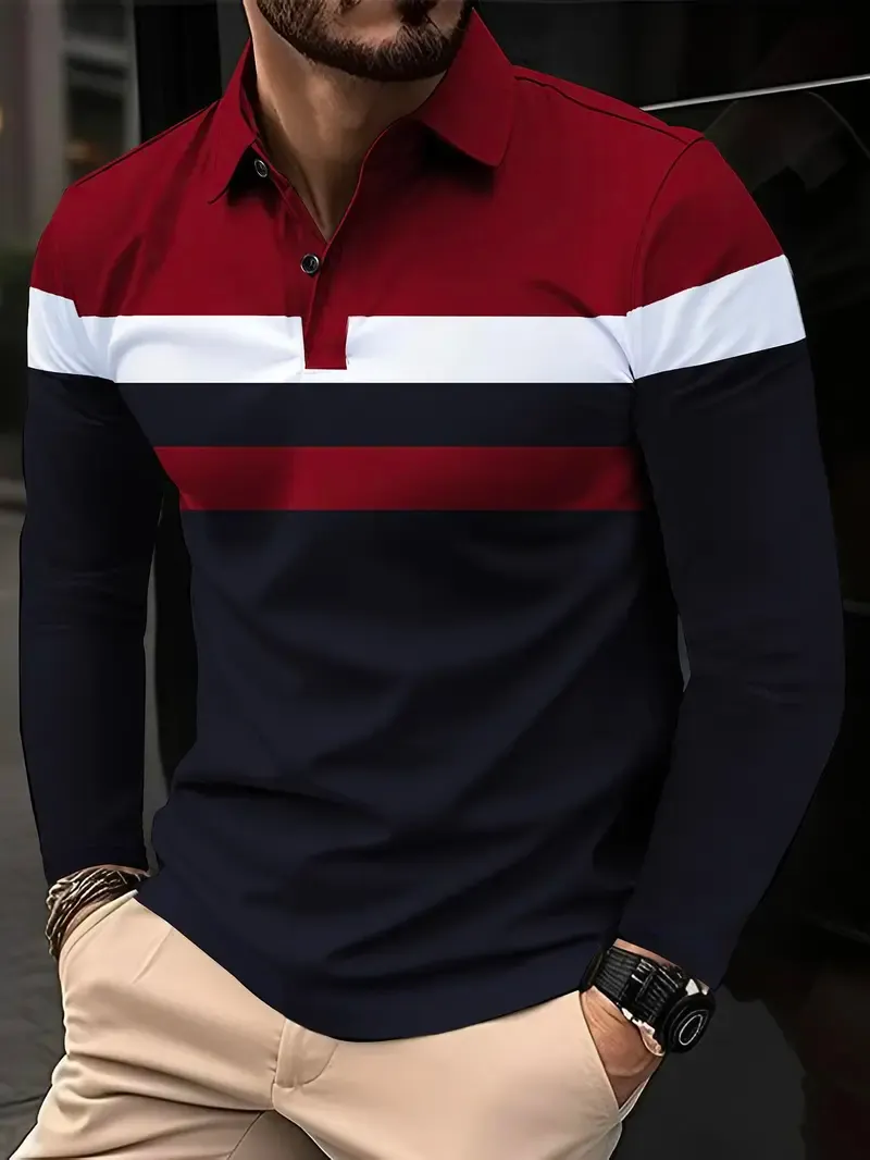 Men's Patchwork Print Long Sleeve Polo Shirt, Polo Style Regular Fit Casual Button Front Collared Top for Fall & Winter, Men's Clothes for Daily Wear, Fabric, Menswear, Casual Polo Shirts, Buttoned Polo Shirt Men's Patchwork Print Long Sleeve Polo Shirt, Polo Style Regular Fit Casual Button Front Collared Top for Fall & Winter, Men's Clothes for Daily Wear, Fabric, Menswear, Casual Polo Shirts, Buttoned Polo Shirt