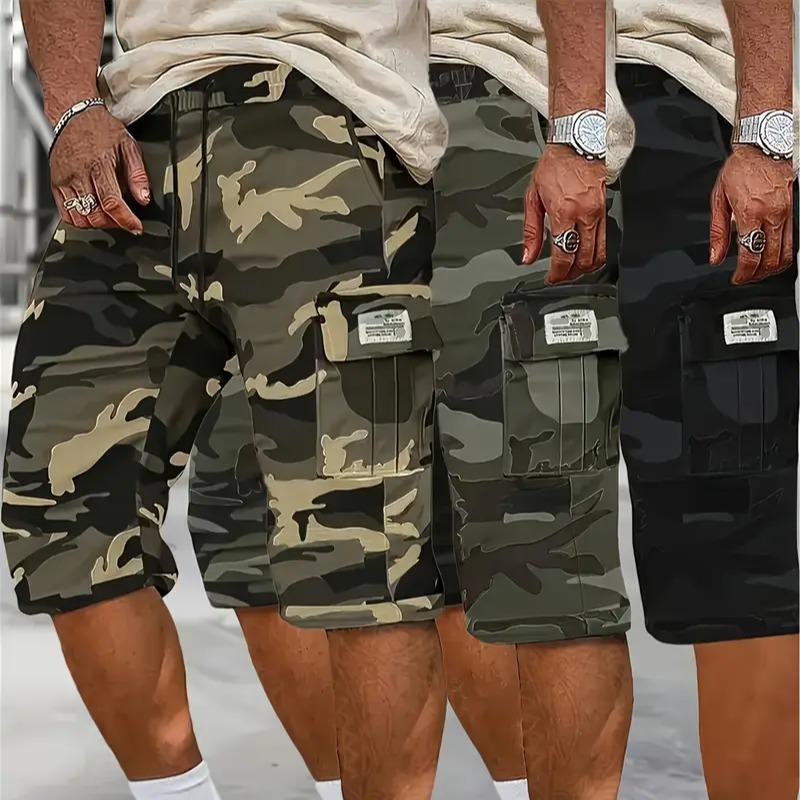 Camouflage Twill Pocket Shorts Three-Piece Set Men's Casual Khaki Green Black Trousers Suitable For Daily Wear Outfit Menswear mens shorts shorts for summer essential shorts bop shorts Breathable Drawstring Shorts streetwear sport