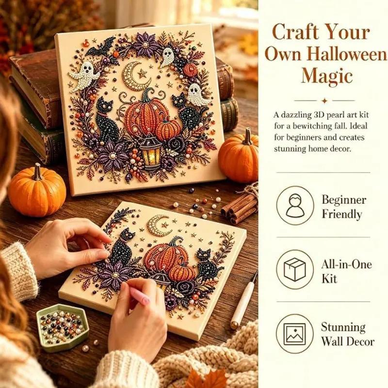 10"x10" Halloween Ghost Pearl Art DIY Kit, Spooky Cute 3D Diamond Painting Crafts, DIY Fall Home Decor Wall Art, Beginner DIY Seasonal Party Gift