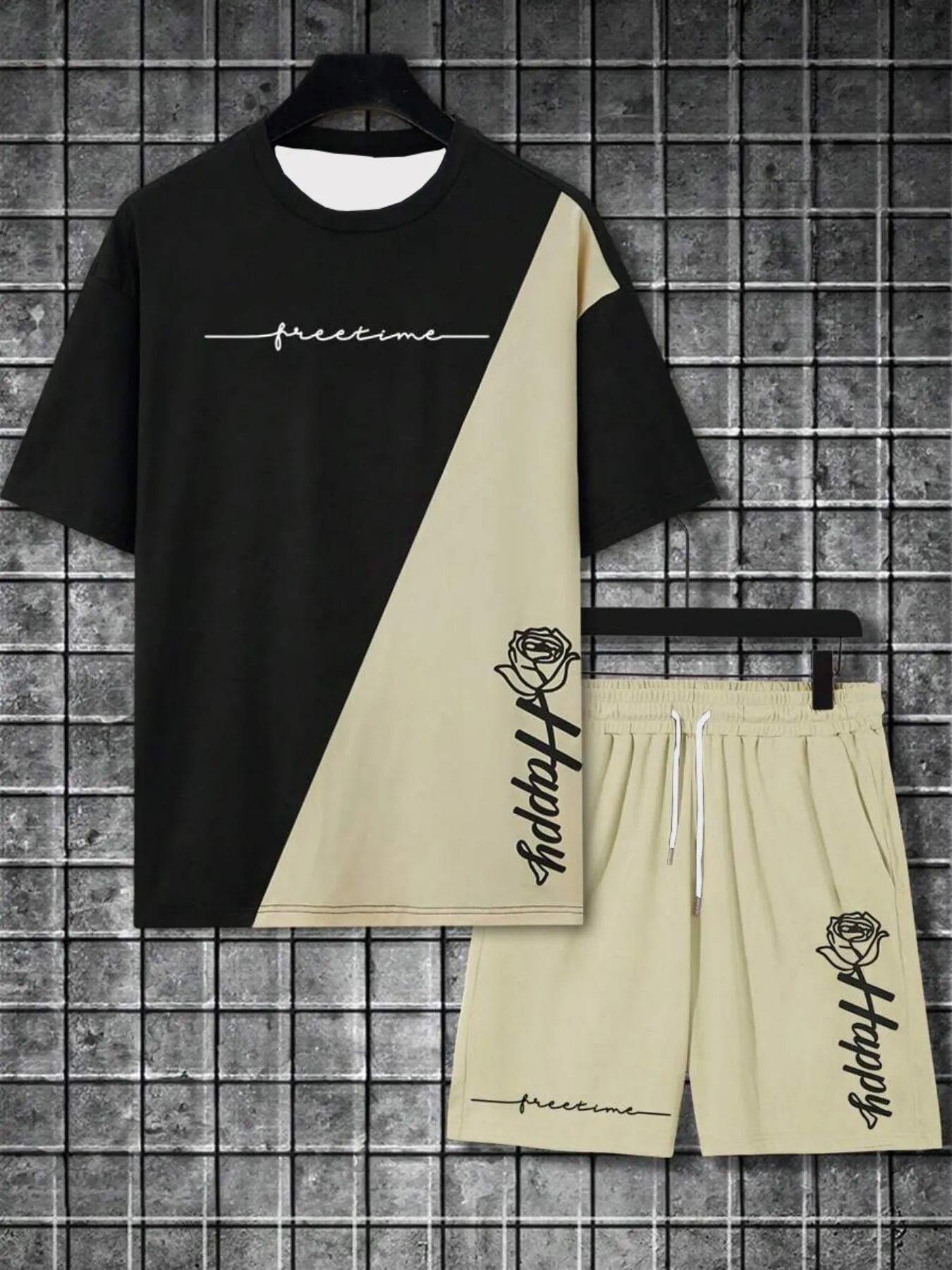 Two-Piece Set Men's Regular Fit Rose & Letter Print Short Sleeve Tee & Drawstring Waist Shorts Set, Casual Round Neck T-shirt & Track Shorts, Men's Summer Clothes, Casual Outfit Set, Matching Sets