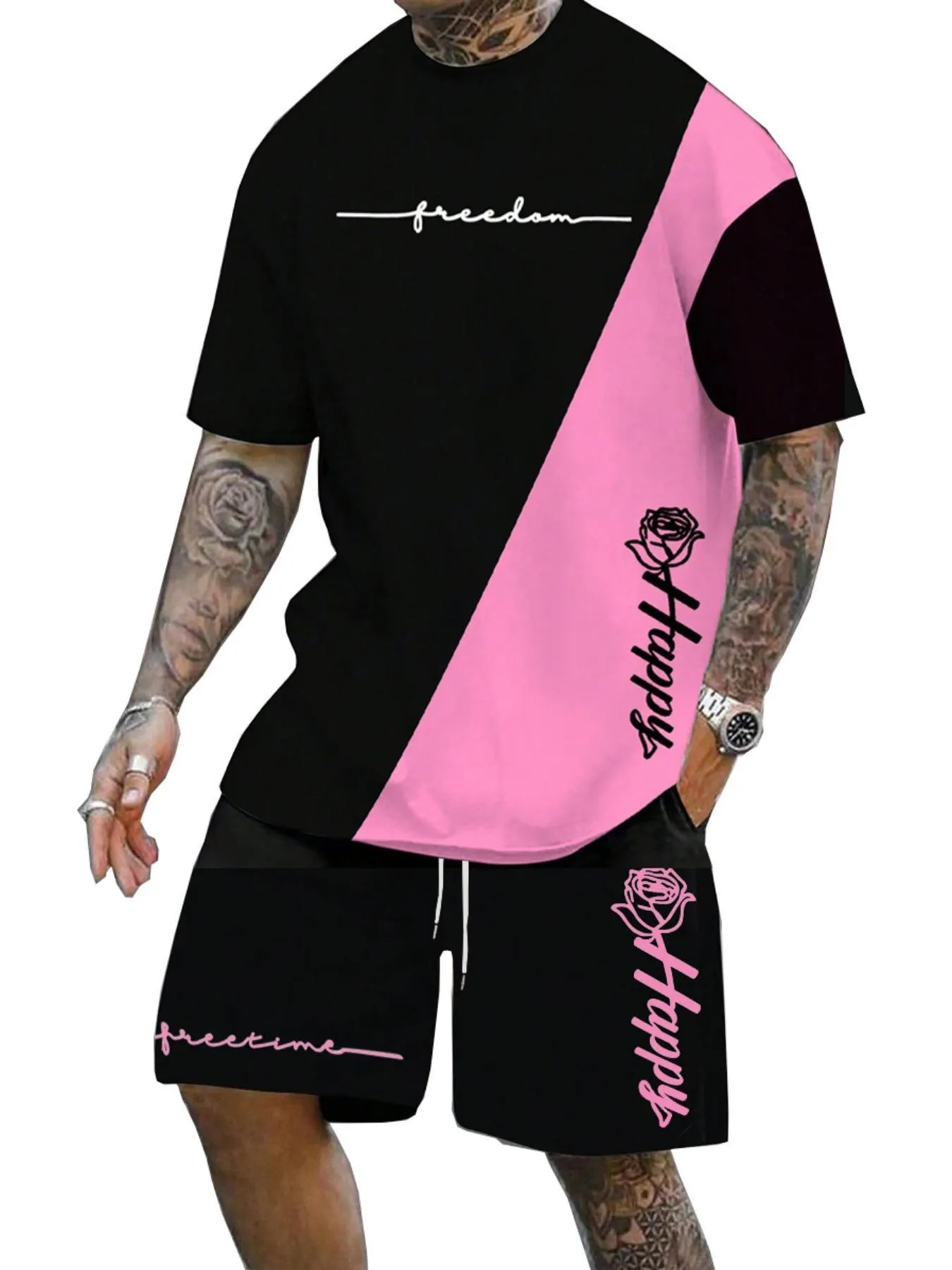 Two-Piece Set Men's Regular Fit Rose & Letter Print Short Sleeve Tee & Drawstring Waist Shorts Set, Casual Round Neck T-shirt & Track Shorts, Men's Summer Clothes, Casual Outfit Set, Matching Sets